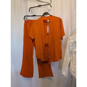 CAMMENSE Orange 2 Piece Outfit Set Open Front Top & Wide Leg Pants Small no belt